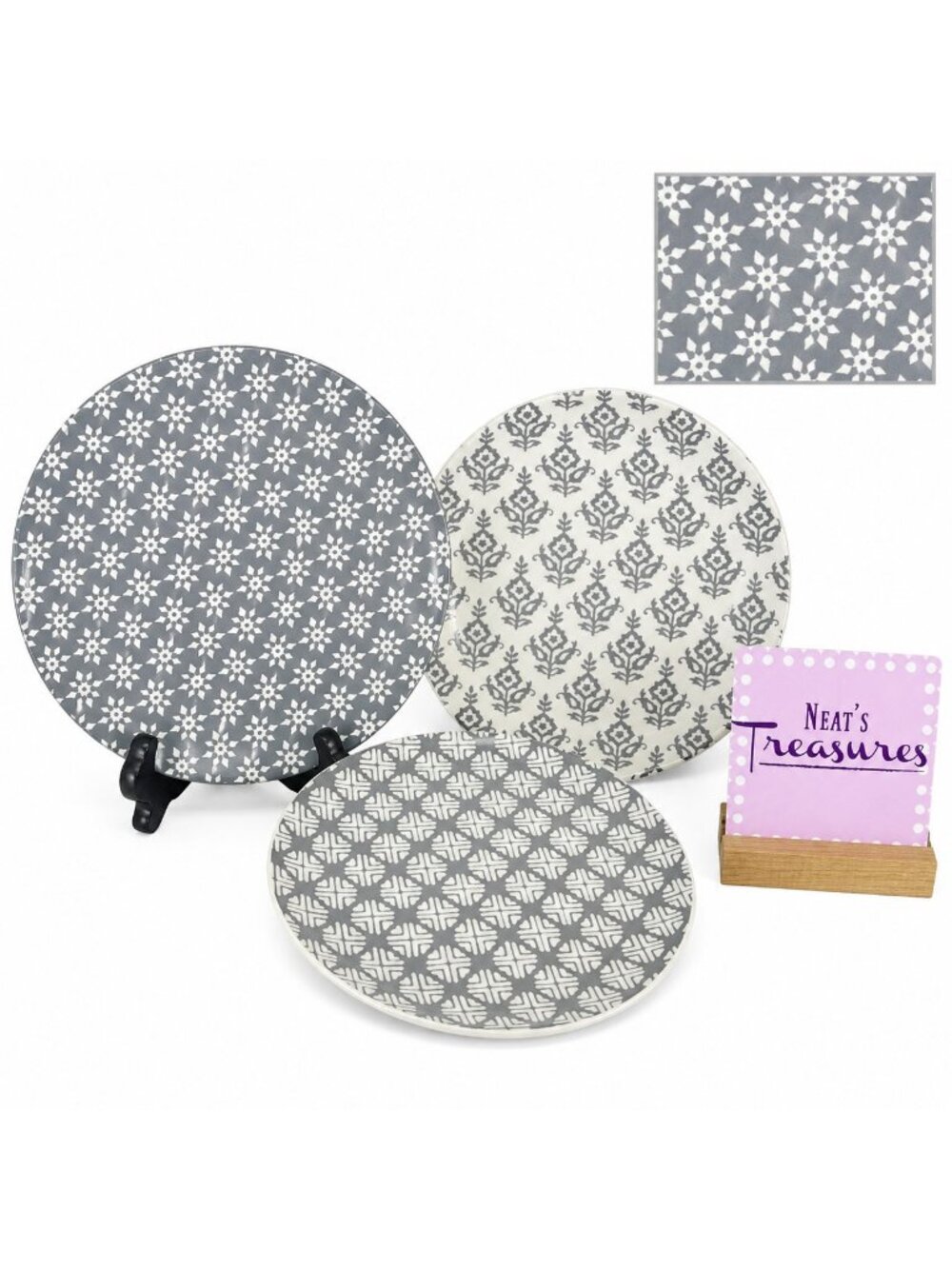 Mainstays Gray & White ABSTRACT FLORAL MIX MATCH Ceramic Lunch Salad Plate Set 3